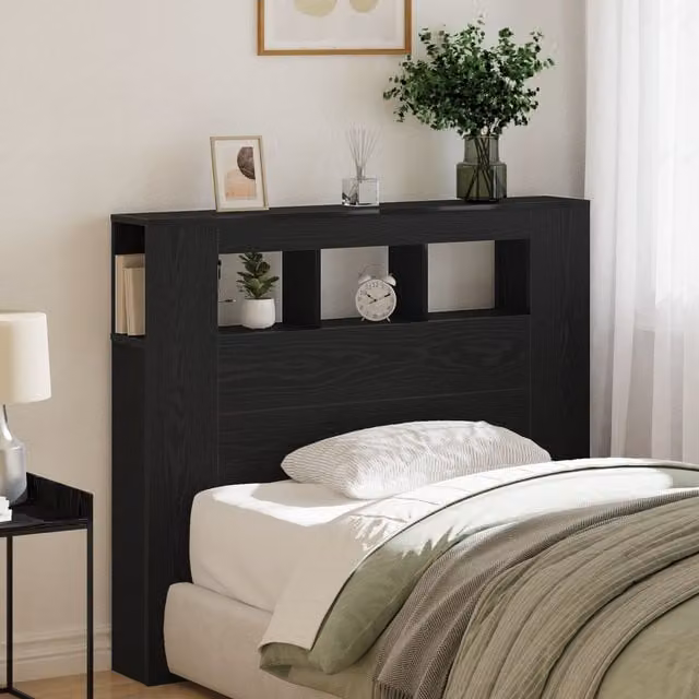 Berkfield Home Modern Storage Headboard with Integrated LED Lighting and Side Compartments in Black Oak, W/D/H: 120 x 18.5 x 103.5 cm – 1