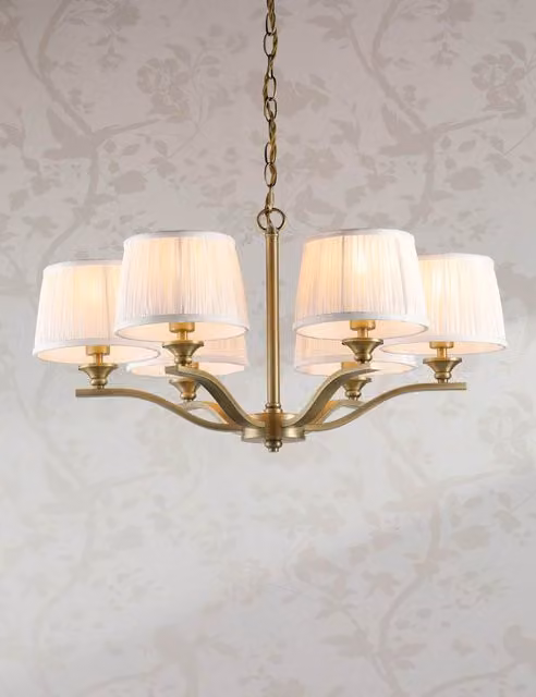 Laura Ashley Hemsley 6 Light Pleated Silk Chandelier in Antique Brass and White