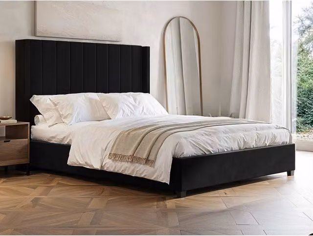Flair Tiggy Black Velvet Ottoman Bed with Winged Headboard, W/D/H: 180 x 200 cm