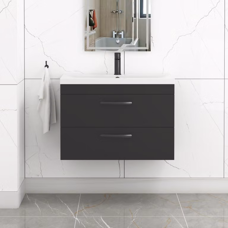 Royal Bathrooms Turin 800mm Wall Hung Vanity Unit in Matt Black with 2 Drawers and Mid-Edge Basin