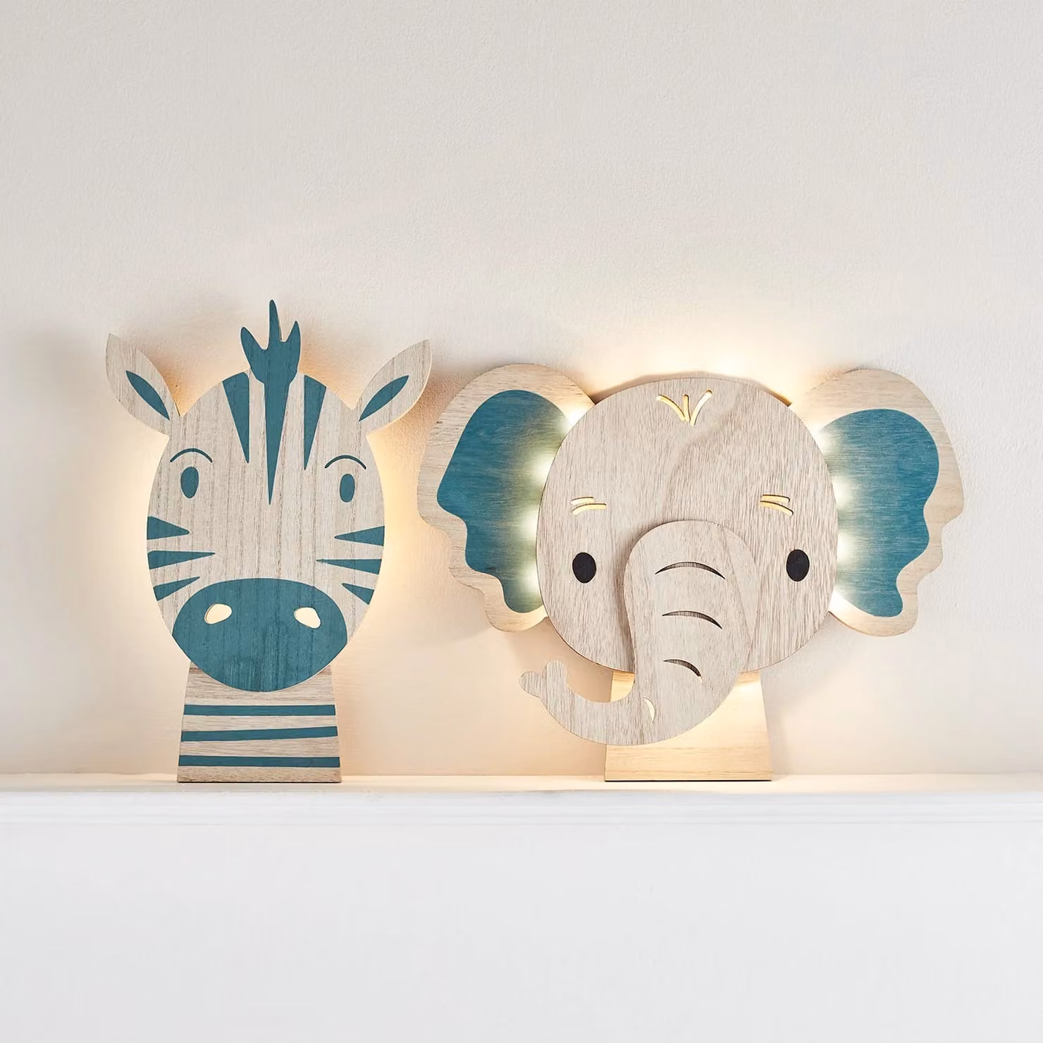 Zebra and Elephant Children's LED Wall Light Duo in Blue and Multicolour Wood