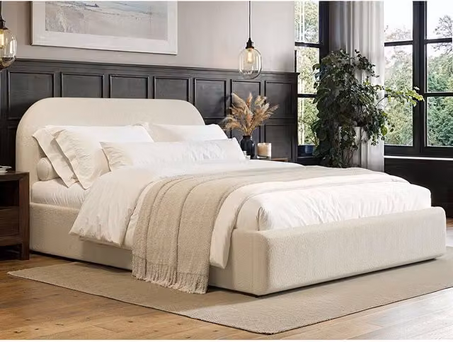 Flair Modern Upholstered Bouclé Ottoman Bed in White, W/D: 180 x 200 cm