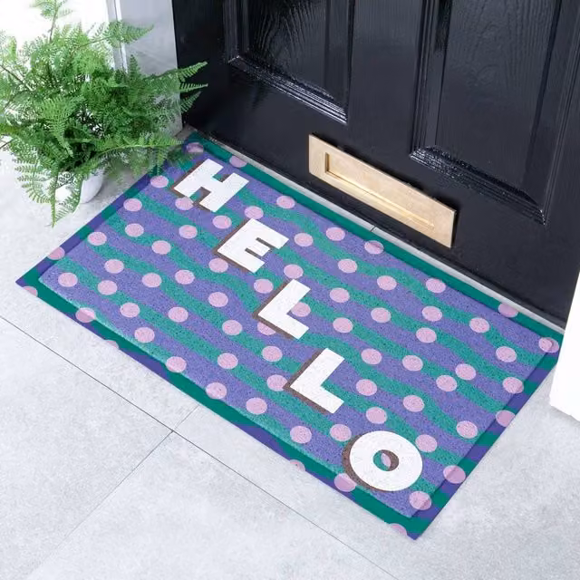 Artsy Mats Elizabeth Olwen Hello Dots Indoor/Outdoor Doormat in Purple and Multicolour, W/D/H: 70 x 40 cm