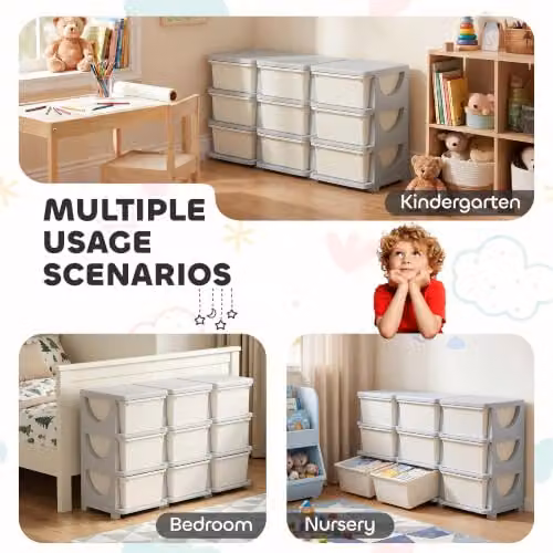 HOMCOM 3-Tier Plastic Kids Toy Storage Unit with 9 Drawers in Cream – 3