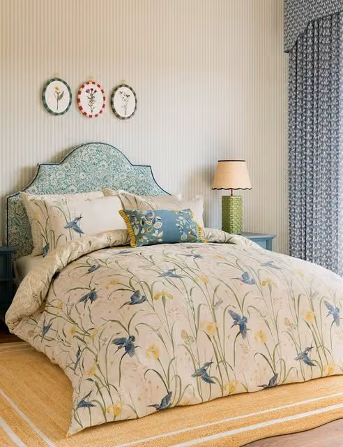 Sanderson Kingfisher & Iris Floral Cotton Percale Bedding Set, Beige, Single (3 ft)
