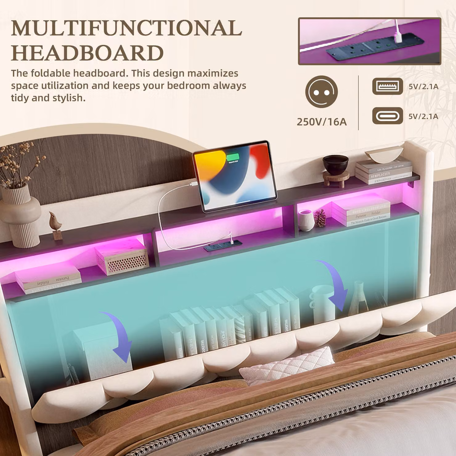 Aosom UK Beige Upholstered Hydraulic Platform Bed with Headboard Shelf and USB Charging Port, H 116.5 x W 221 x D 158 cm – 5
