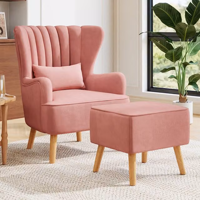 Komore Mid-Century Pink Fabric Upholstered Tub Armchair with Matching Footstool