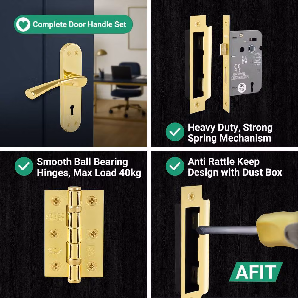 AFIT Polished Brass Twist Handle Sashlock Escutcheon and Hinges Set in Gold, W/D/H: 15 x 15 x 1.5 cm – 3