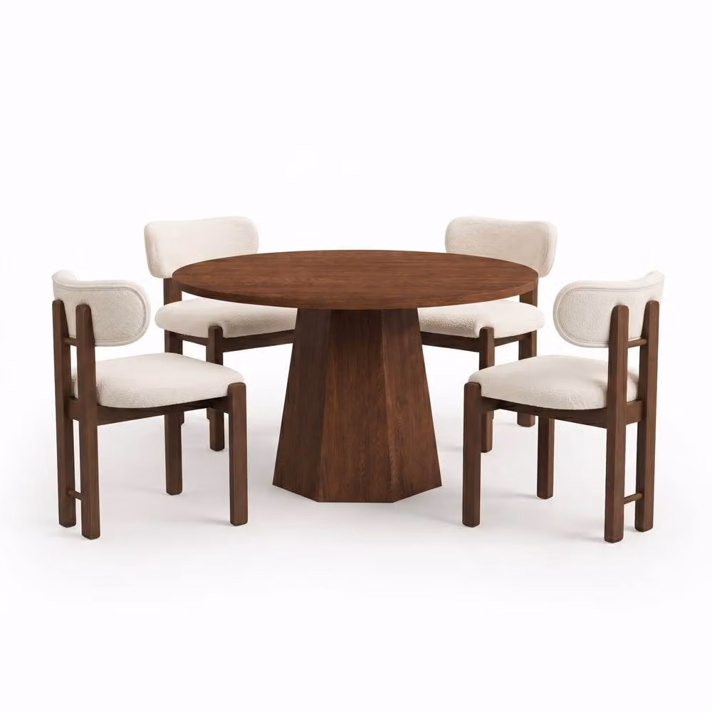 FENCHILIN Rustic Round Dining Table and 4 Boucle Chairs Set in Walnut Brown – 2