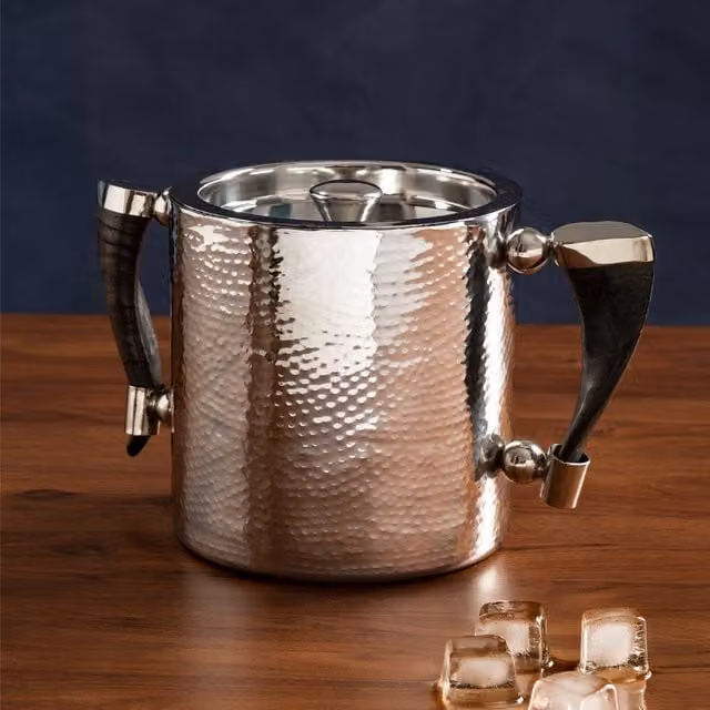 Orsina Hammered Stainless Steel Ice Bucket with Lid and Tongs in Silver and Black