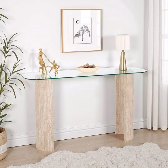 Seconique Modena Modern Glossy Console Table in Beige with Glass Top