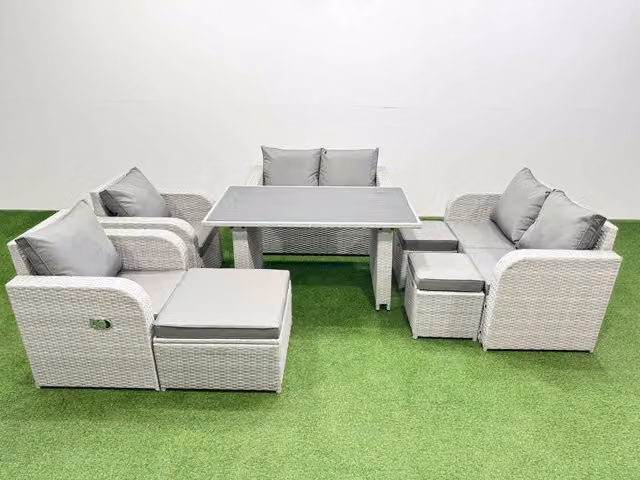 Fimous 8 Piece Patio Garden Furniture Set with Cushions and 3 Stools in Light Grey