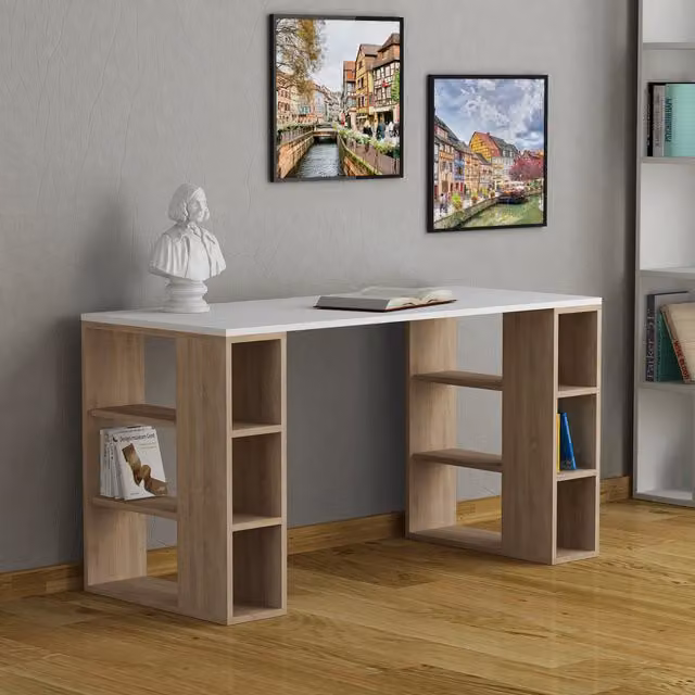 Decortie Colmar Modern Computer Desk with Bookshelf Legs in Brown and White