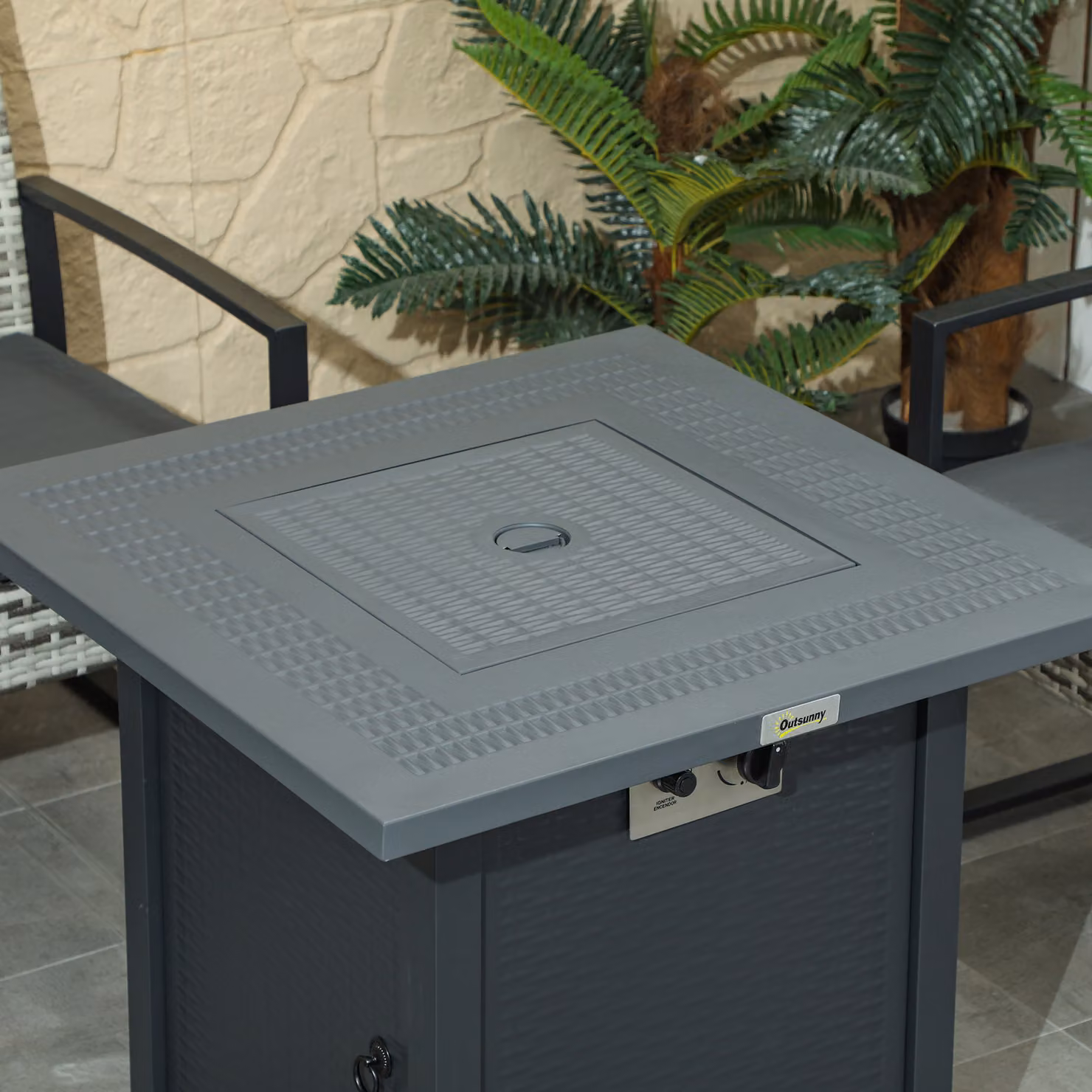 Outsunny Square Propane Gas Fire Pit Table in Dark Grey Rattan with Lava Rocks and Lid, W/D/H: 71 x 71 x 62 cm – 7