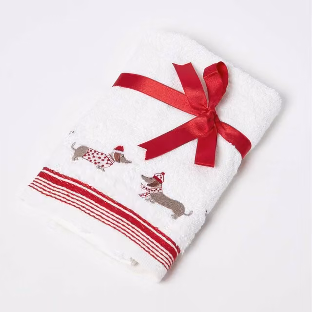 Homescapes White Cotton Christmas Hand Towel with Red Dachshund Embroidery
