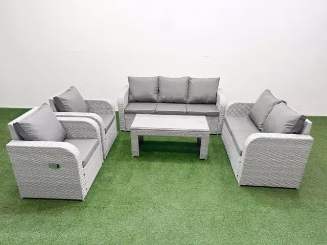 Fimous PE Rattan Garden Furniture Set in Light Grey with 3-Seater Sofa, Armchair, and Coffee Table