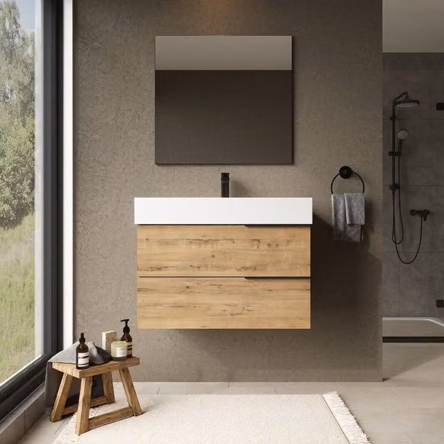 Banyetti Celtic 800mm Wall Hung Bathroom Vanity Unit with Veneto 1 Tap Hole Basin in Ostippo Light Oak, W/D/H: 80 x 45 x 48 cm – 1