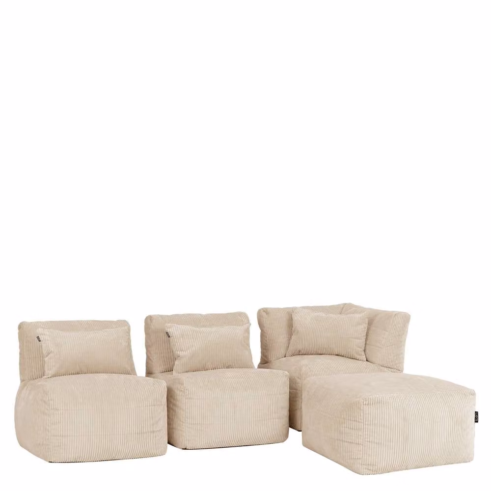 icon Noa 4-Piece Bean Bag Set in Cream Jumbo Cord, including 1x Corner, 2x Recliner and 1x Slab – 2