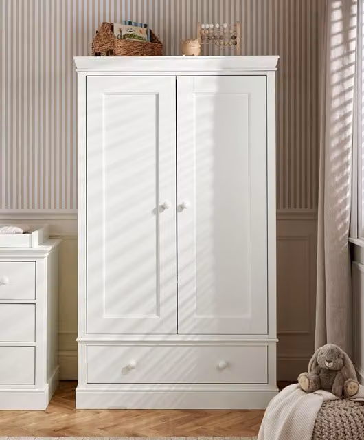 Mamas & Papas Modern White Nursery Wardrobe with Soft-Close Hinged Doors and Internal Shelving