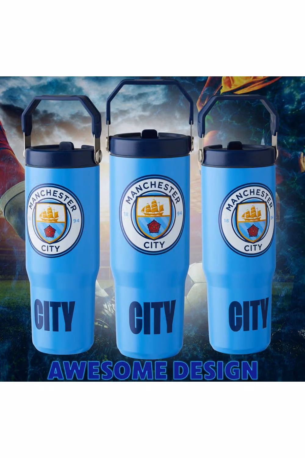 Get Trend Manchester City Insulated Stainless Steel Tumbler with Straw and Handle, 850ml, Blue – 9
