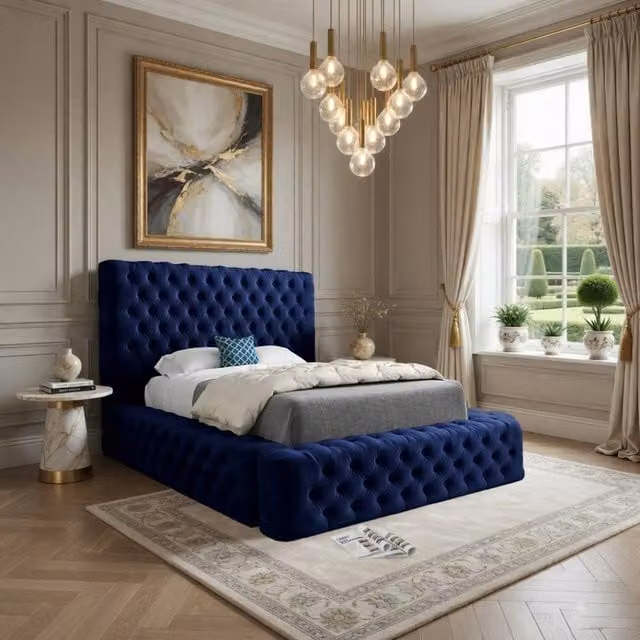 KDMD Linlithgow Blue Velvet Pleated Upholstered Chesterfield Bed Frame, W/D/H: 200 x 137 x 200 cm