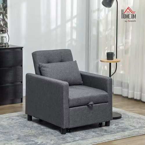 HOMCOM 3 in 1 Convertible Sofa Bed and Sleeper Chair in Grey Fabric with Solid Wood Frame – 2