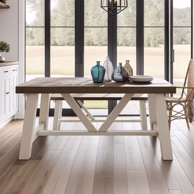 FWStyle Handmade Solid Reclaimed Pine Rectangular Trestle Dining Table in Driftwood Truffle Finish, Brown, Width: 160 cm