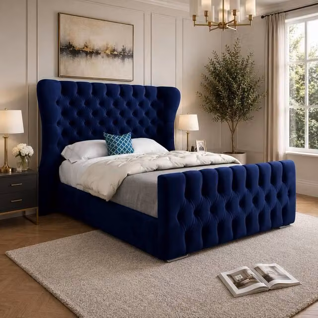 Casani Rendlesham Super King Upholstered Velvet Winged Bed Frame in Blue, W/D/H: 200 x 137 x 189 cm – 1