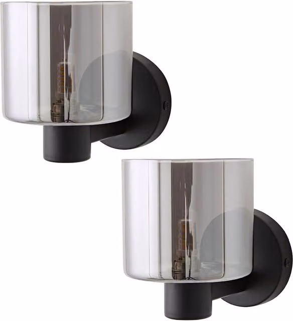ValueLights Demi Pair of Smoked Glass Wall Lights with Bulbs in Black – 2