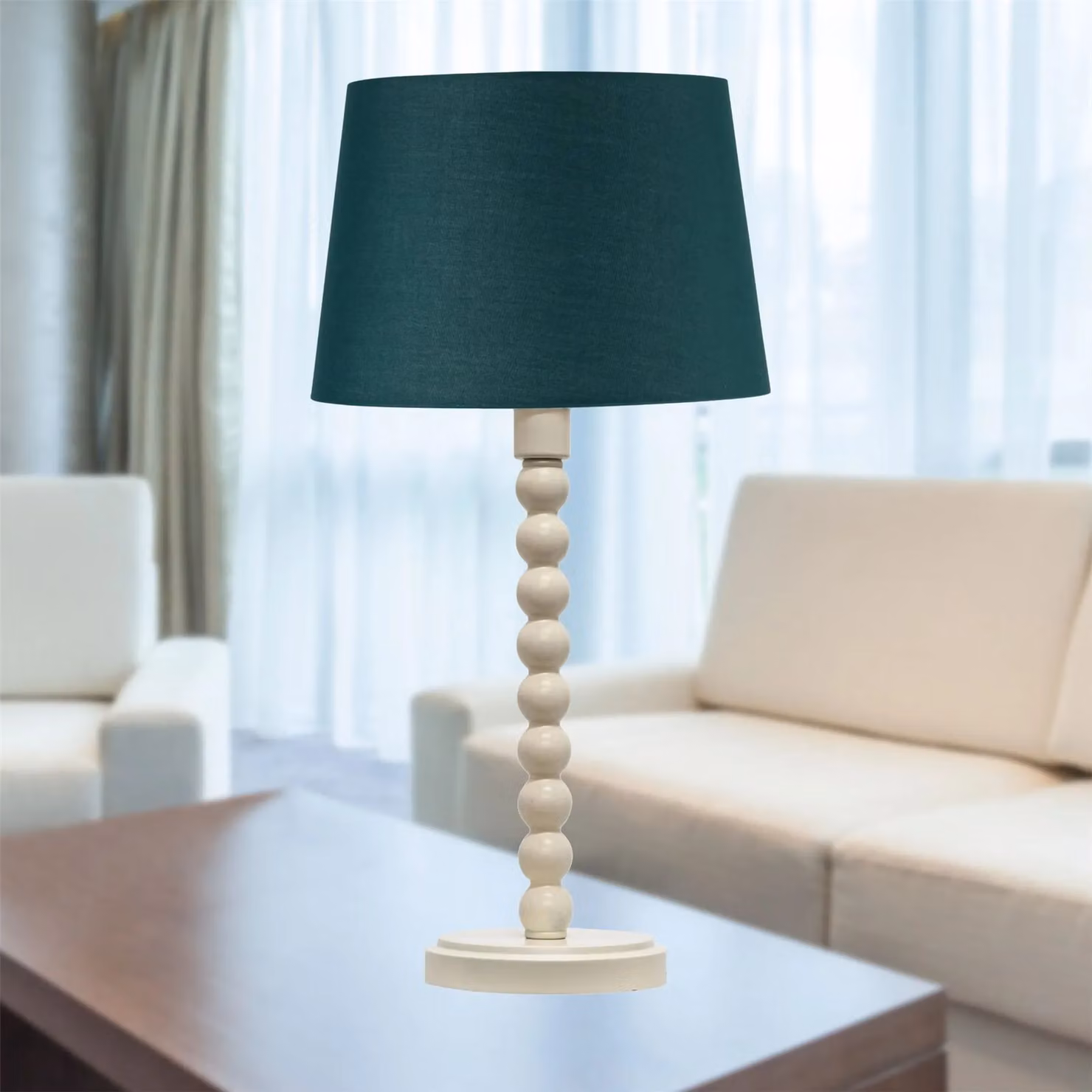 First Choice Lighting Bobbin Table Lamp with White Base and Green Fabric Cylinder Shade, H: 42.0 cm, W: 28.0 cm, D: 28.0 cm – 4