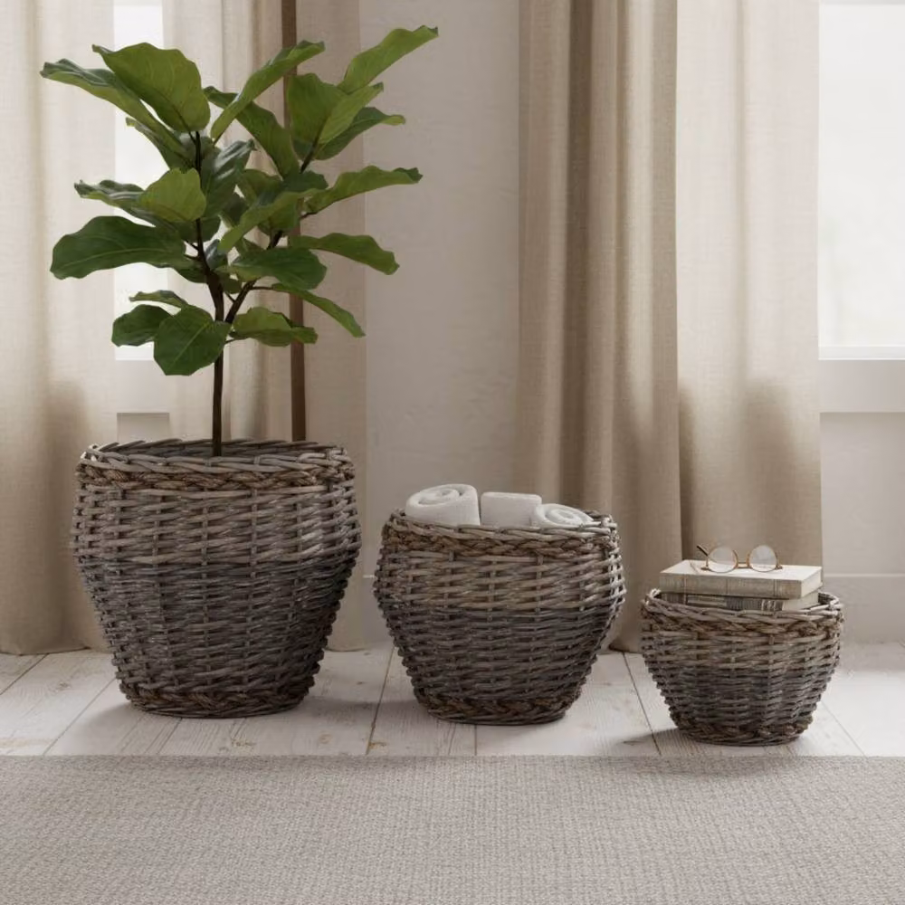 Four Candle Set of 3 Grey Open Weave Stackable Woven Storage Baskets – 2