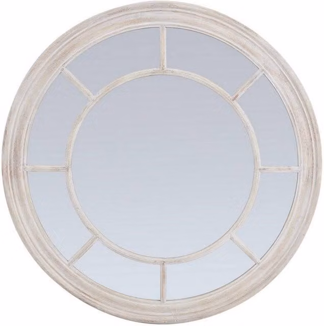 Lemon Pavilion Rustic Washed Wood Framed Round Wall Mirror, Brown, W90 x H90 cm