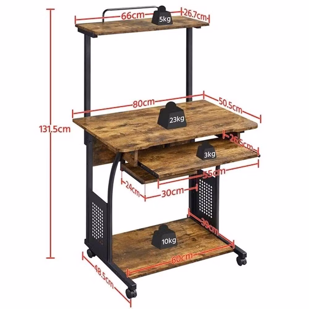 Kelvenix Modern Computer Desk in Brown with Printer Shelf and Castors W/D/H: 131.5 x 80.0 x 0.6 cm – 2