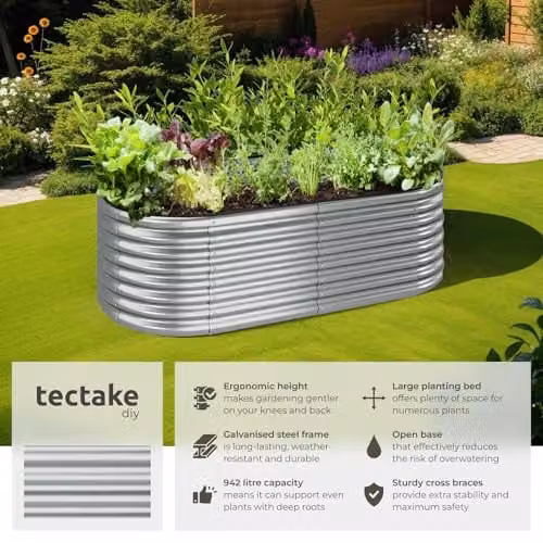 tectake Raised Garden Bed in Silver Galvanised Steel with 942L Capacity, W/D/H: 200 x 60 x 100 cm – 2
