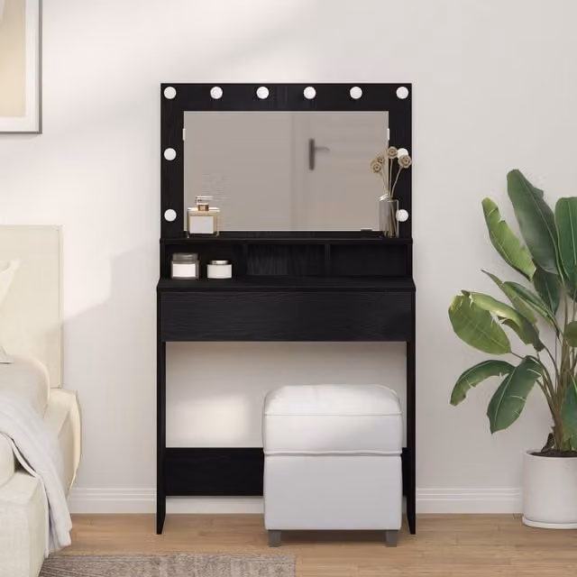 Berkfield Home Black Oak Dressing Table with Hollywood LED Lights W: 79 cm, D: 41 cm, H: 135 cm