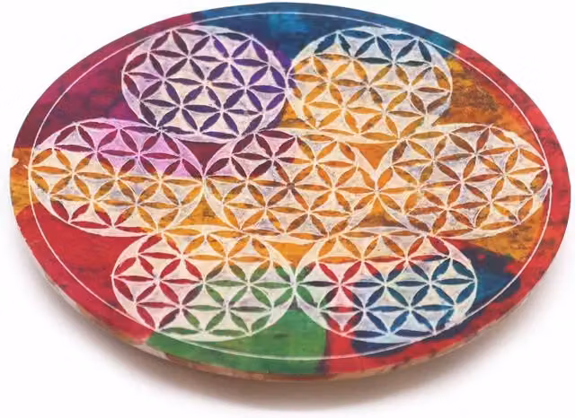 KDMD Flower of Life Soapstone Incense Holder, Multicolour Geometric Round Tabletop Decor
