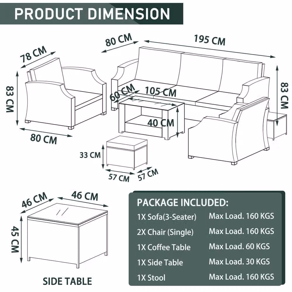FURNITURE ONE 6 Piece Grey Rattan Garden Furniture Set with Upholstered Cushions for 6 People – 6