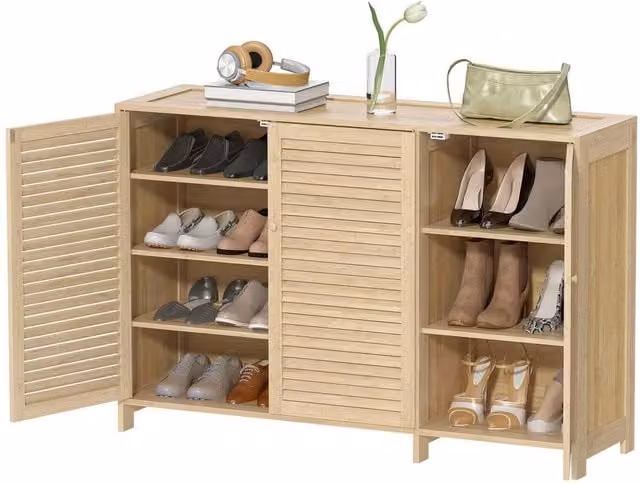PAWNORA Bamboo Shoe Cabinet with Louvered Doors in Natural Sand, W: 100 cm, D: 15 cm