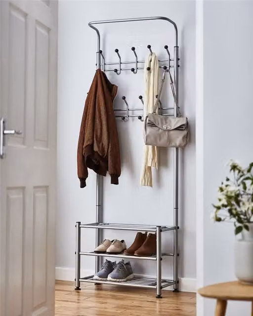 House of Home Multi-Purpose Hallway Clothes Stand in Grey with 18 Hooks and 2 Shoe Shelves W/D/H: 80 x 31 x 188 cm
