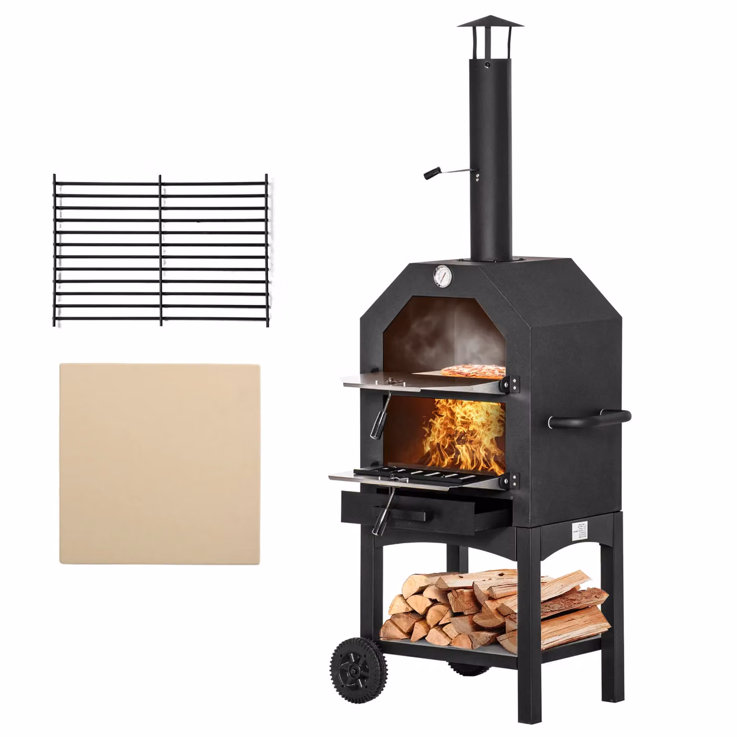 Outsunny Charcoal Portable Pizza Maker BBQ Grill with Thermometer and Wheels, Black, H 160 x W 64 x D 54 cm – 3