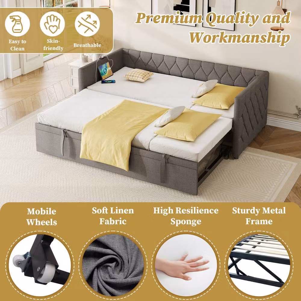Matteo 3ft Single Upholstered Daybed Sofa Bed with Pull-Out Trundle and USB Charging Port in Grey, W: 90 cm, D: 190 cm – 3