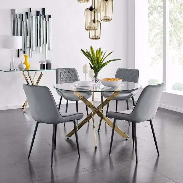 FurnitureboxUK Novara Gold Round Glass Dining Table and Four Pesaro Black Leg Chairs in Grey, Diameter: 120 cm