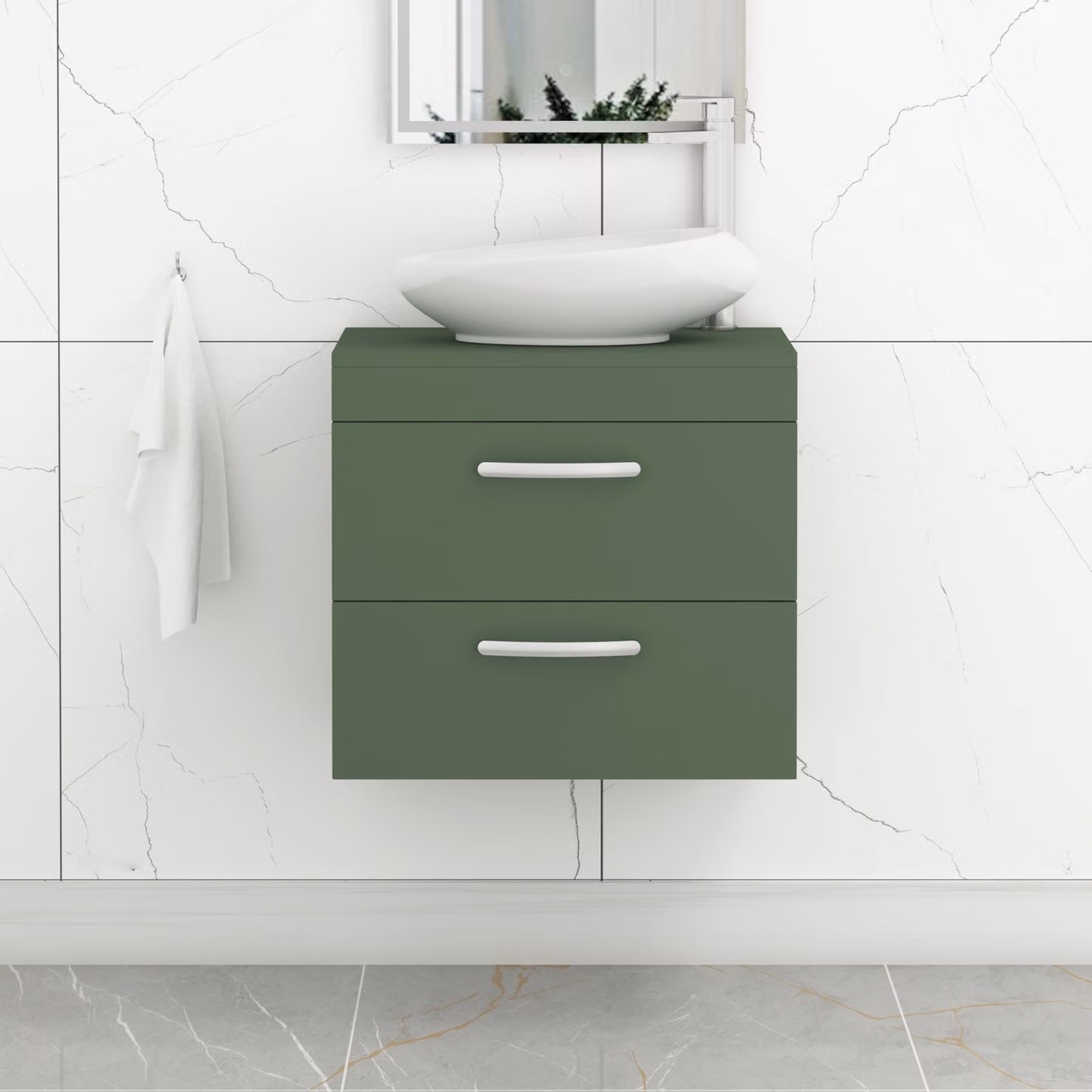 Royal Bathrooms Turin 600mm Wall Hung 2 Drawer Matt Green Vanity Unit with Nova Countertop Basin and Brushed Brass Handle