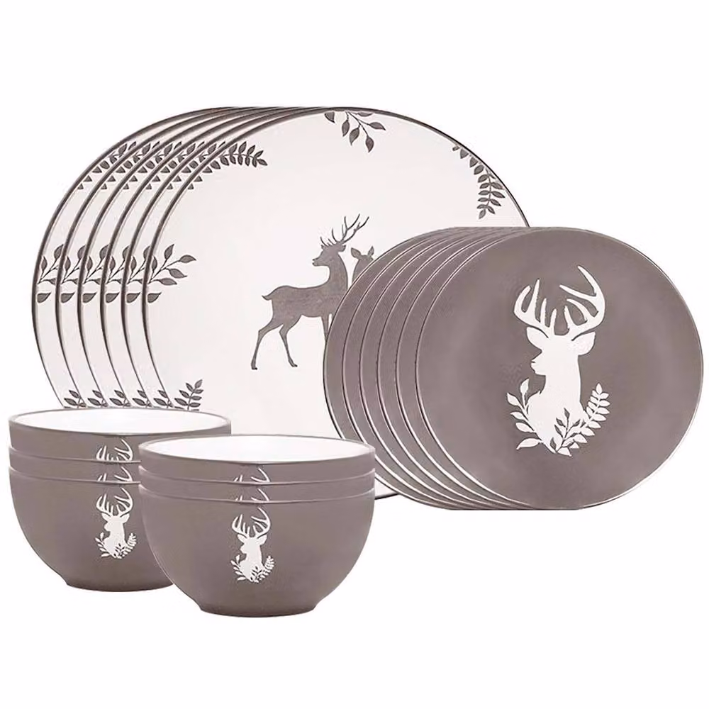 Dibor 18 Piece Grey and White Ceramic Reindeer Christmas Dinner Service Set – 2