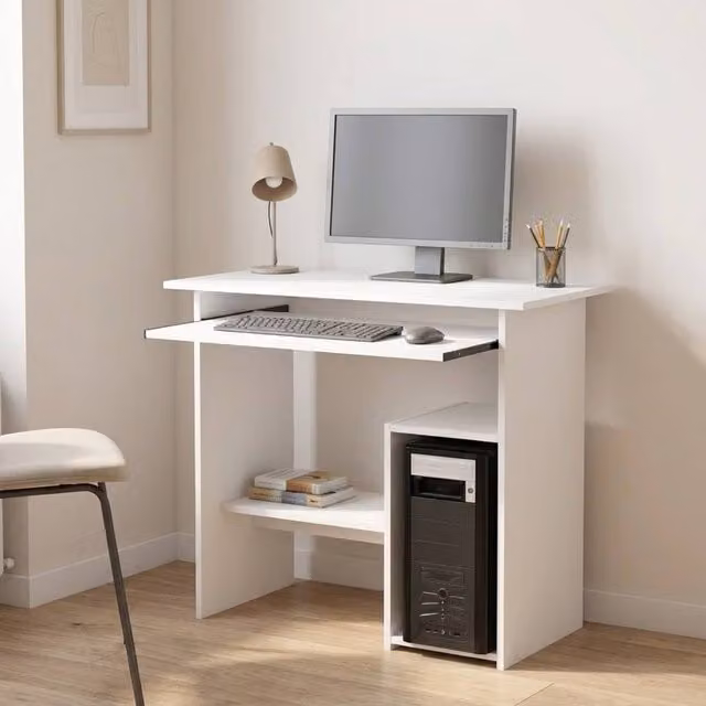 STILVORA Modern White Computer Desk with Keyboard Tray and Shelves – 1