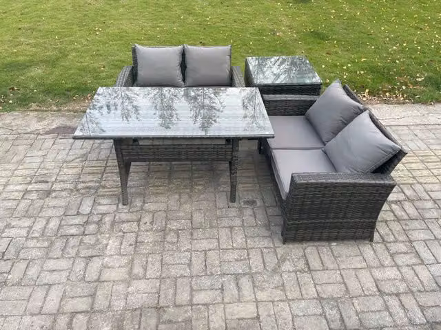 Fimous Dark Grey PE Wicker Rattan Garden Furniture Set with Love Sofa, Rectangular Dining Table and Side Table