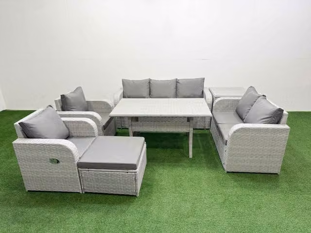 Fimous Grey PE Rattan Garden Furniture Set with Reclining Chairs, Double Love Seat, Rectangular Dining Table and Footstool