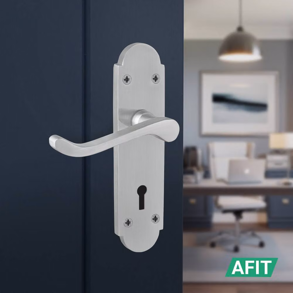 AFIT Satin Chrome Door Handle Lock Set with Silver Hinges and Matt Steel Backplates, Size: 150mm x 150mm – 3