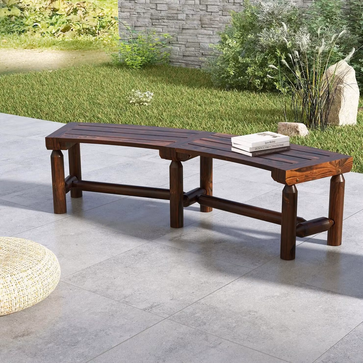Costway Brown Carbonised Pine Wood Curved Garden Bench and Patio Loveseat – 3