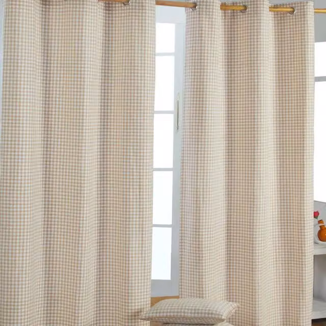 Homescapes Beige and Brown Checked Cotton Eyelet Curtain Pair, Height: 182 cm
